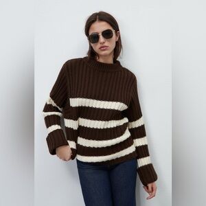 NEW Zara Chocolate Brown Striped Sweater